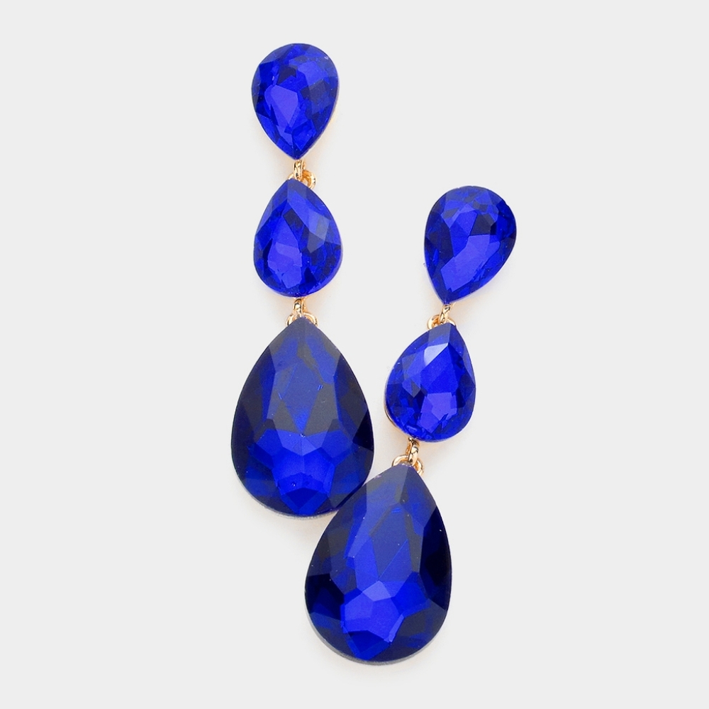 Sapphire Blue Dangle Crystal Earrings 2.75 Inch Triple Tear Drop Jewelry